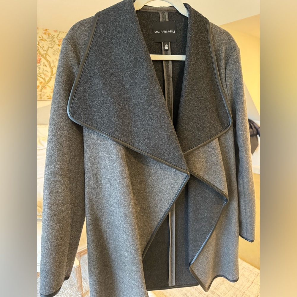 Saks Fifth Avenue Grey Wool Coat with Leather Trim